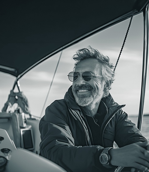 Mann mittleren Alters mit Bart und Sonnenbrille auf einen Boot.